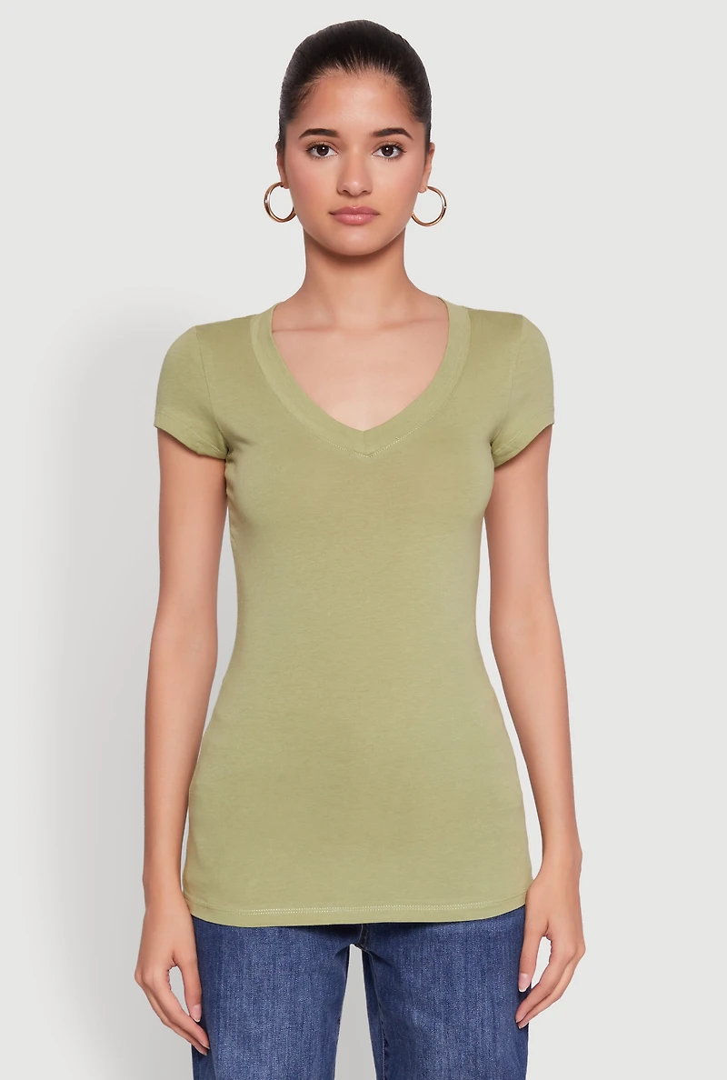 Womens V Neck Basic Short Sleeve Tee, Green,