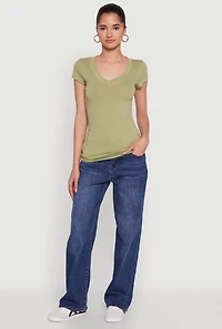Womens V Neck Basic Short Sleeve Tee, Green,