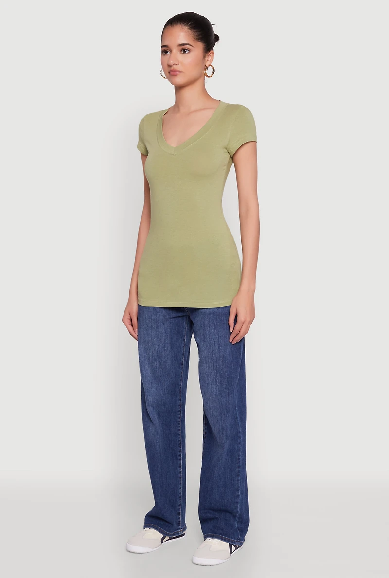 Womens V Neck Basic Short Sleeve Tee, Green,