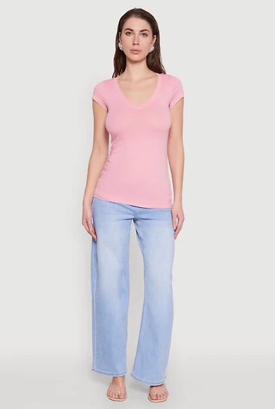 Womens V Neck Basic Short Sleeve Tee, Pink, Size M