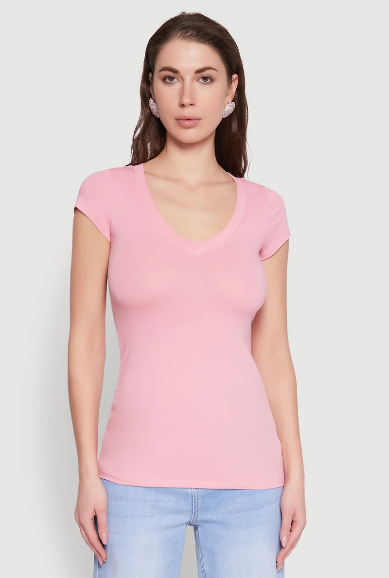 Womens V Neck Basic Short Sleeve Tee, Pink, Size M