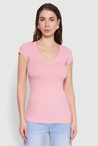 Womens V Neck Basic Short Sleeve Tee, Pink, Size M