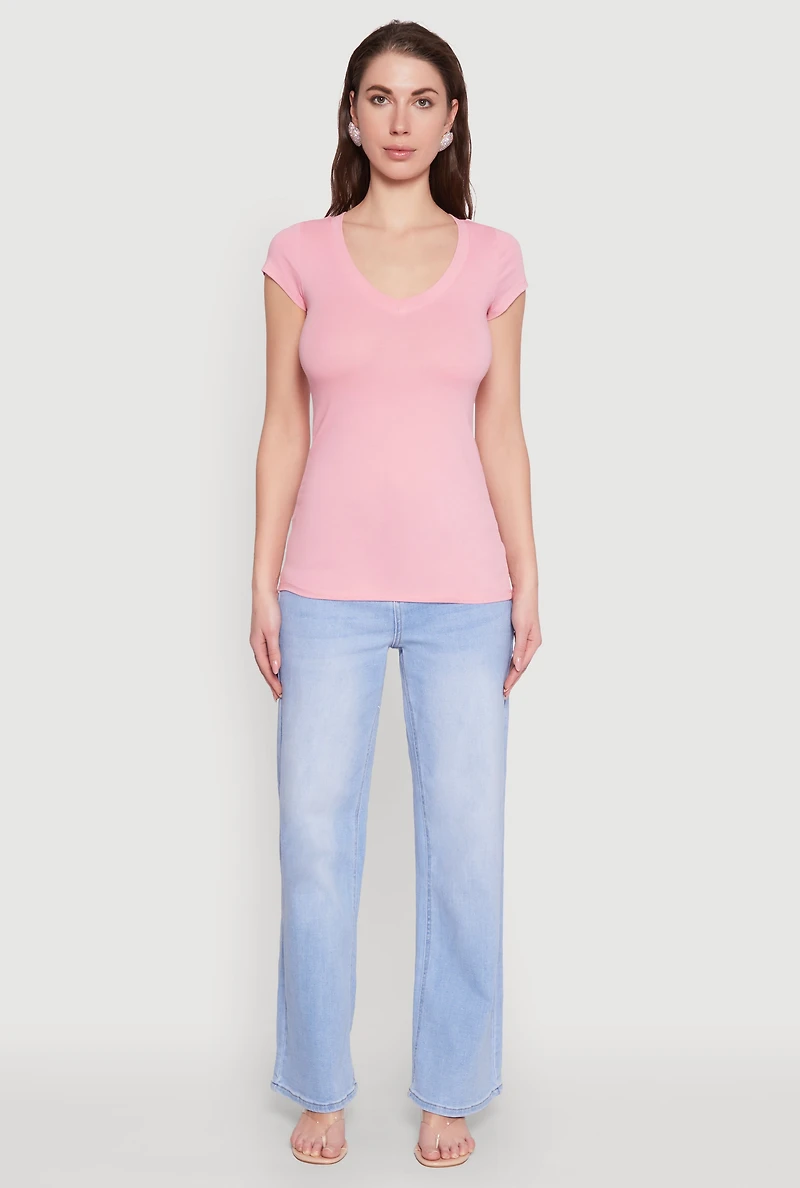 Womens V Neck Basic Short Sleeve Tee, Pink, Size M