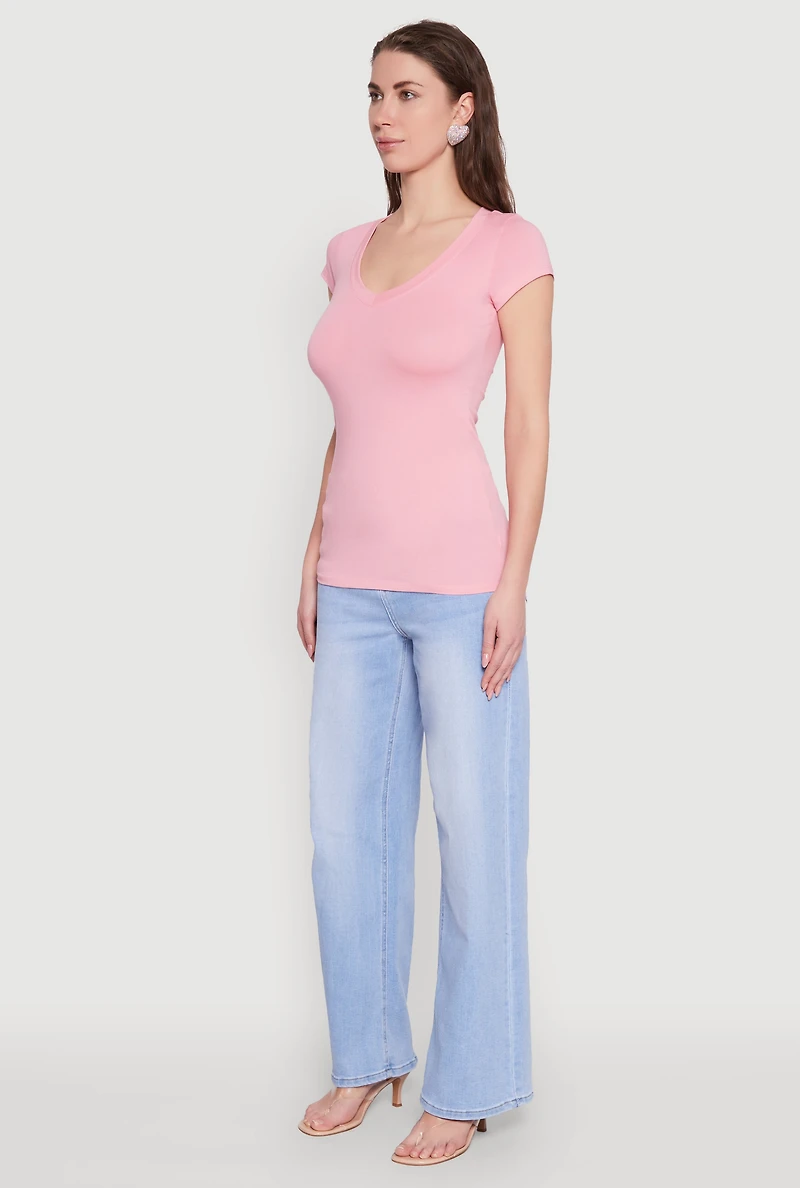 Womens V Neck Basic Short Sleeve Tee, Pink, Size M