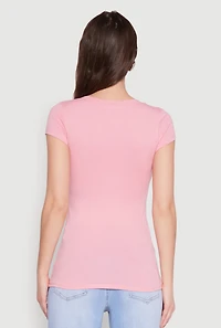 Womens V Neck Basic Short Sleeve Tee, Pink, Size M