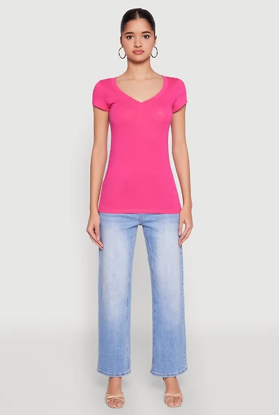Womens V Neck Basic Short Sleeve Tee, Pink, Size S