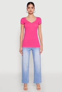 Womens V Neck Basic Short Sleeve Tee, Pink, Size S
