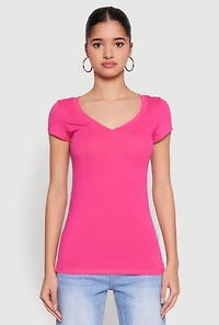 Womens V Neck Basic Short Sleeve Tee, Pink, Size S