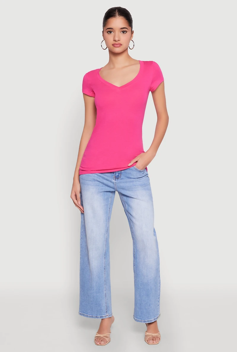 Womens V Neck Basic Short Sleeve Tee, Pink, Size S