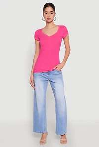 Womens V Neck Basic Short Sleeve Tee, Pink, Size S