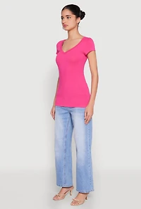 Womens V Neck Basic Short Sleeve Tee, Pink, Size S