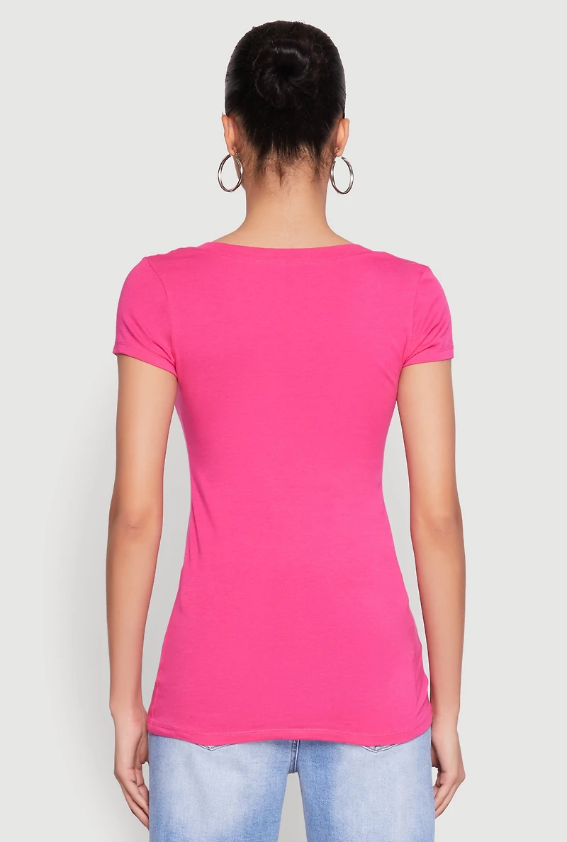 Womens V Neck Basic Short Sleeve Tee, Pink, Size S