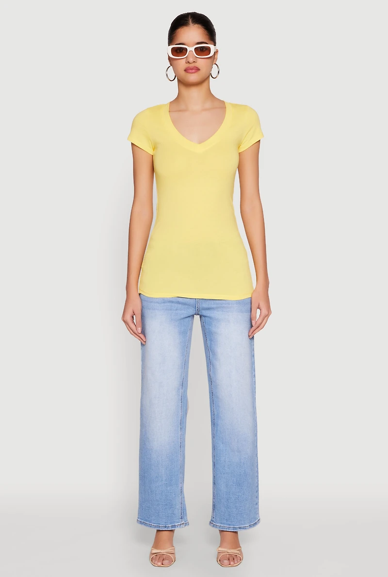 Womens V Neck Basic Short Sleeve Tee, Yellow, Size S