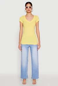 Womens V Neck Basic Short Sleeve Tee, Yellow, Size S