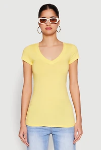 Womens V Neck Basic Short Sleeve Tee, Yellow, Size S