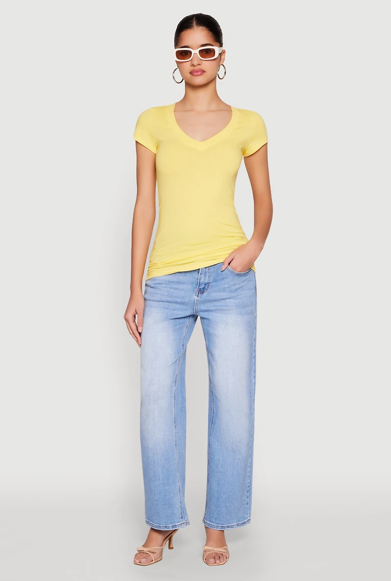 Womens V Neck Basic Short Sleeve Tee, Yellow, Size S