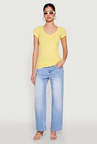 Womens V Neck Basic Short Sleeve Tee, Yellow, Size S