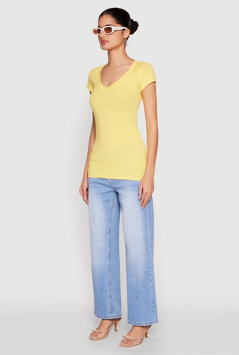 Womens V Neck Basic Short Sleeve Tee, Yellow, Size S