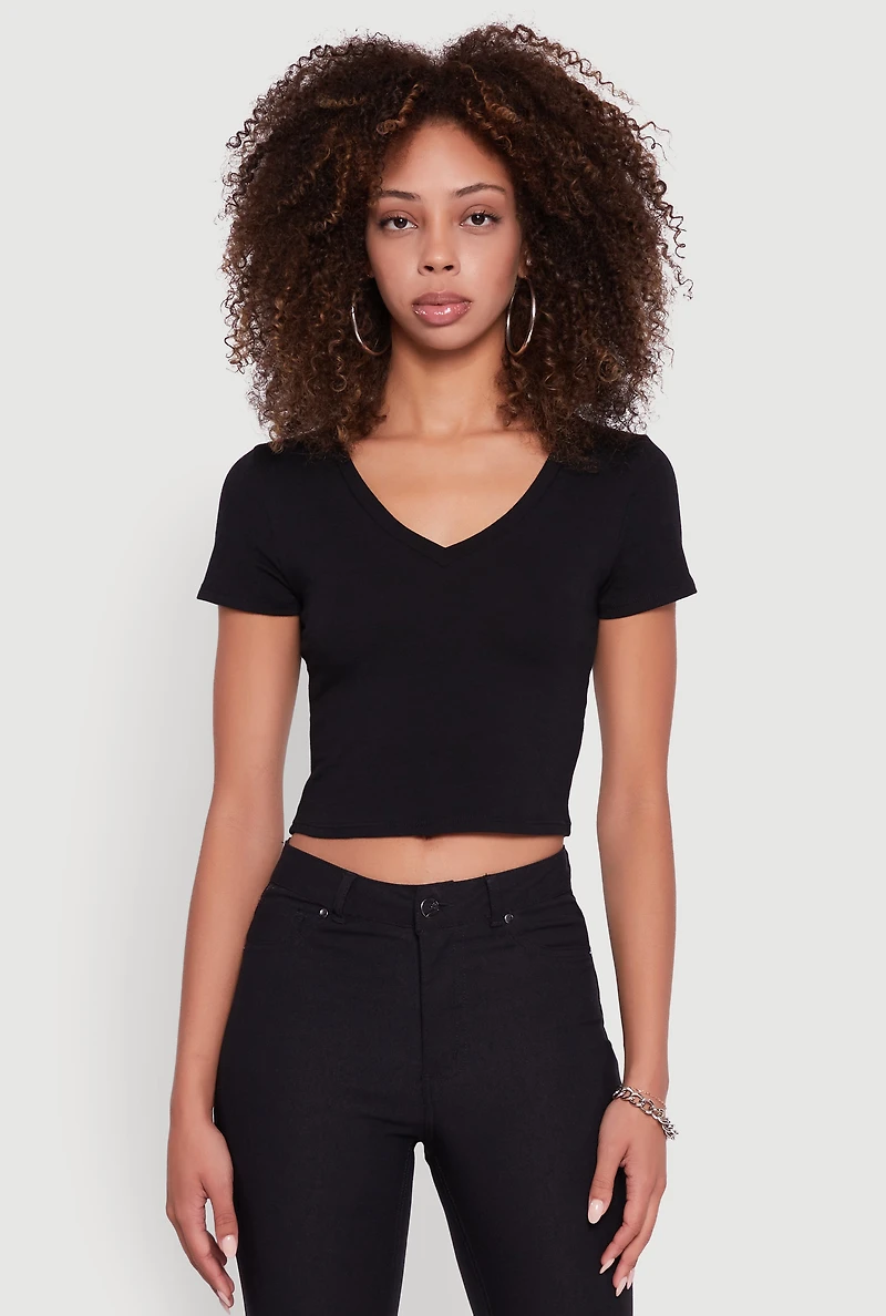 Womens Short Sleeve V Neck Crop Top, Black, Size M