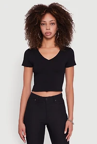 Womens Short Sleeve V Neck Crop Top, Black, Size M