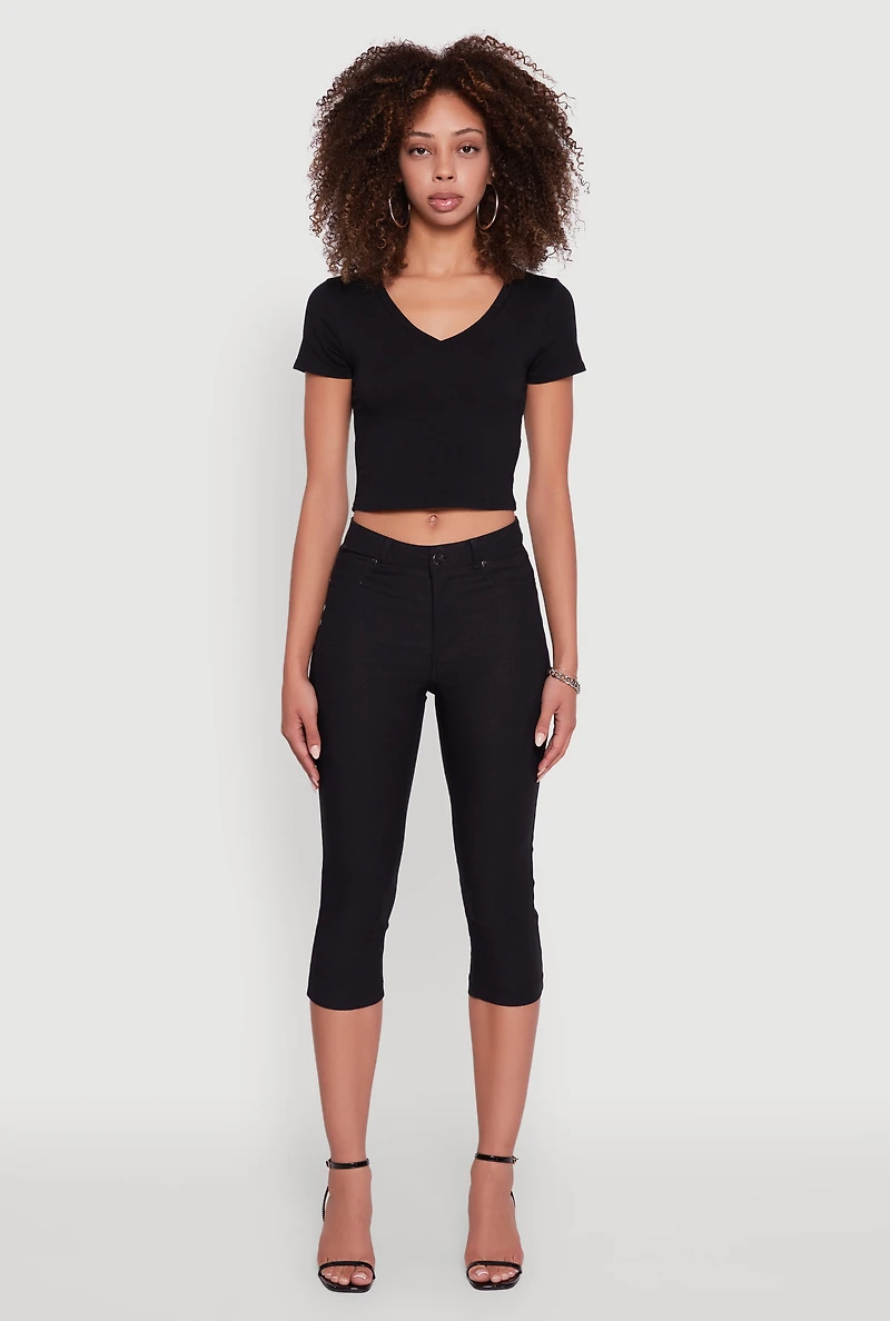 Womens Short Sleeve V Neck Crop Top, Black, Size M