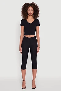 Womens Short Sleeve V Neck Crop Top, Black, Size M