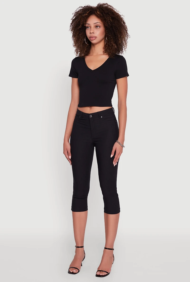 Womens Short Sleeve V Neck Crop Top, Black, Size L