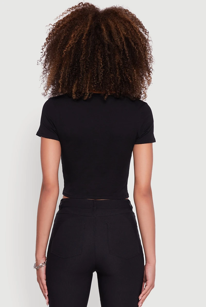 Womens Short Sleeve V Neck Crop Top, Black, Size M