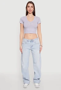 Womens Short Sleeve V Neck Crop Top,