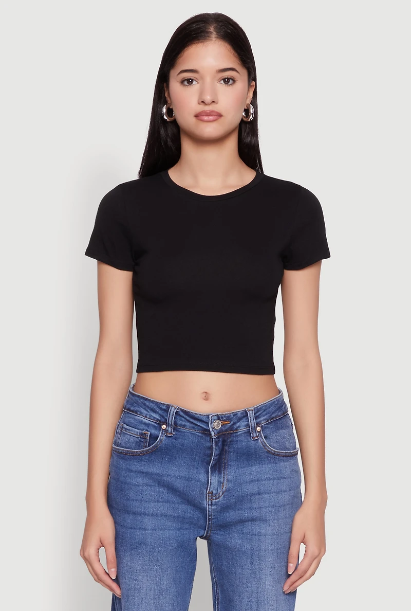 Womens Cropped Short Sleeve Crew Neck Tee,