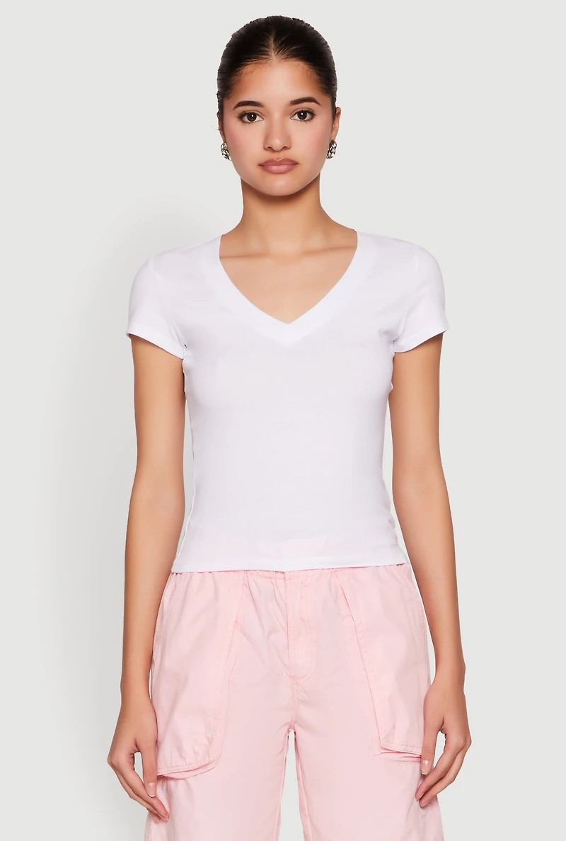 Womens V Neck Short Sleeve Basic Tee, White, Size L