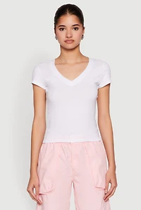 Womens V Neck Short Sleeve Basic Tee, White, Size S