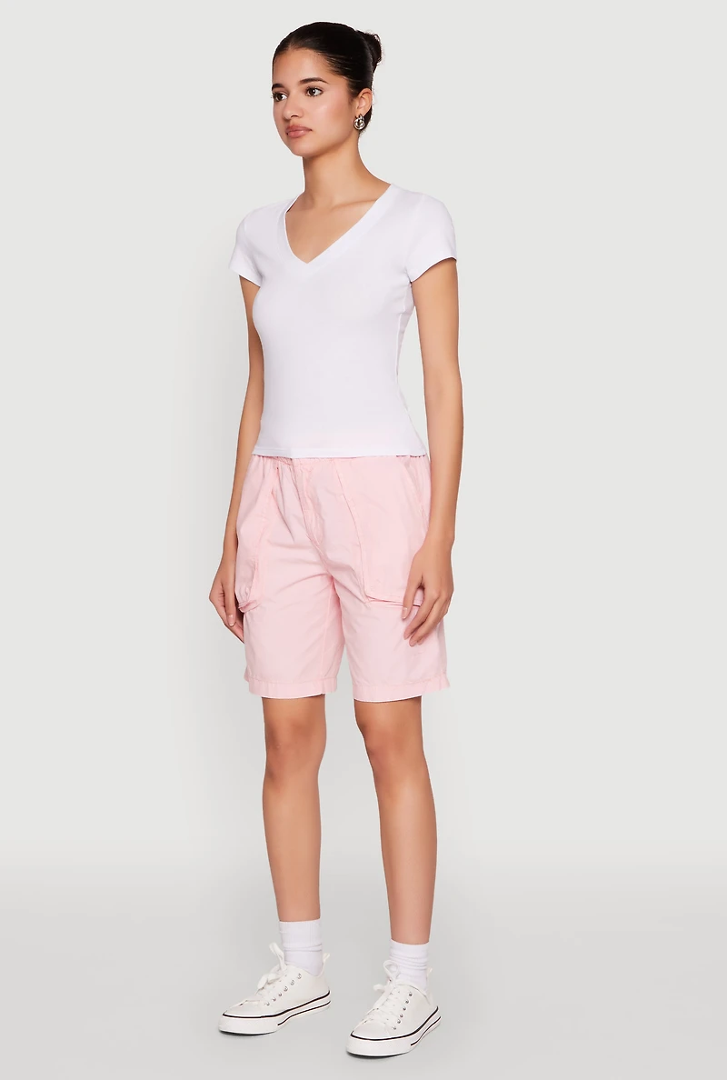 Womens V Neck Short Sleeve Basic Tee, White, Size L