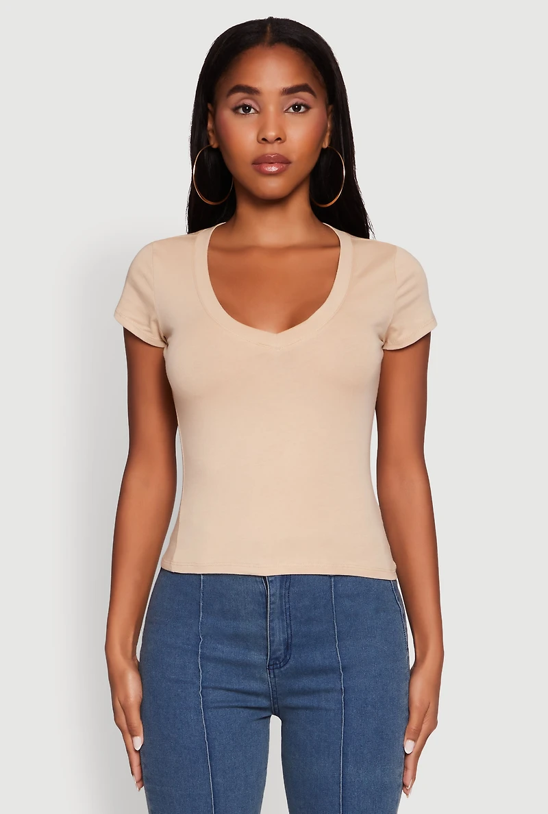Womens V Neck Short Sleeve Basic Tee, S