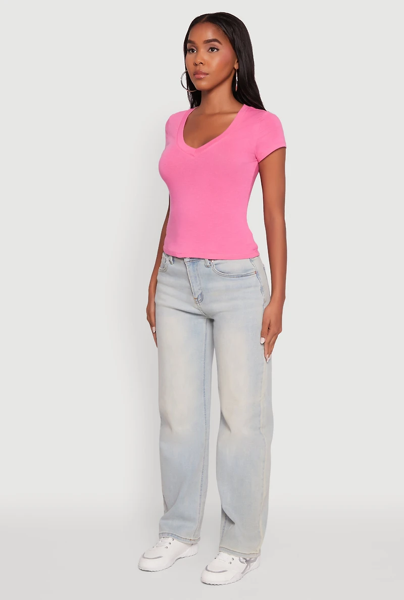 Womens V Neck Short Sleeve Basic Tee, M