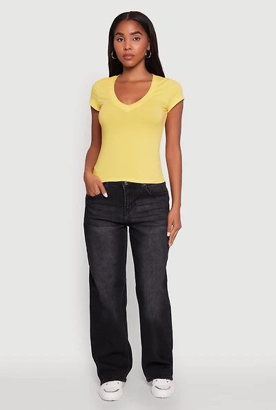 Womens V Neck Short Sleeve Basic Tee, Yellow, Size M
