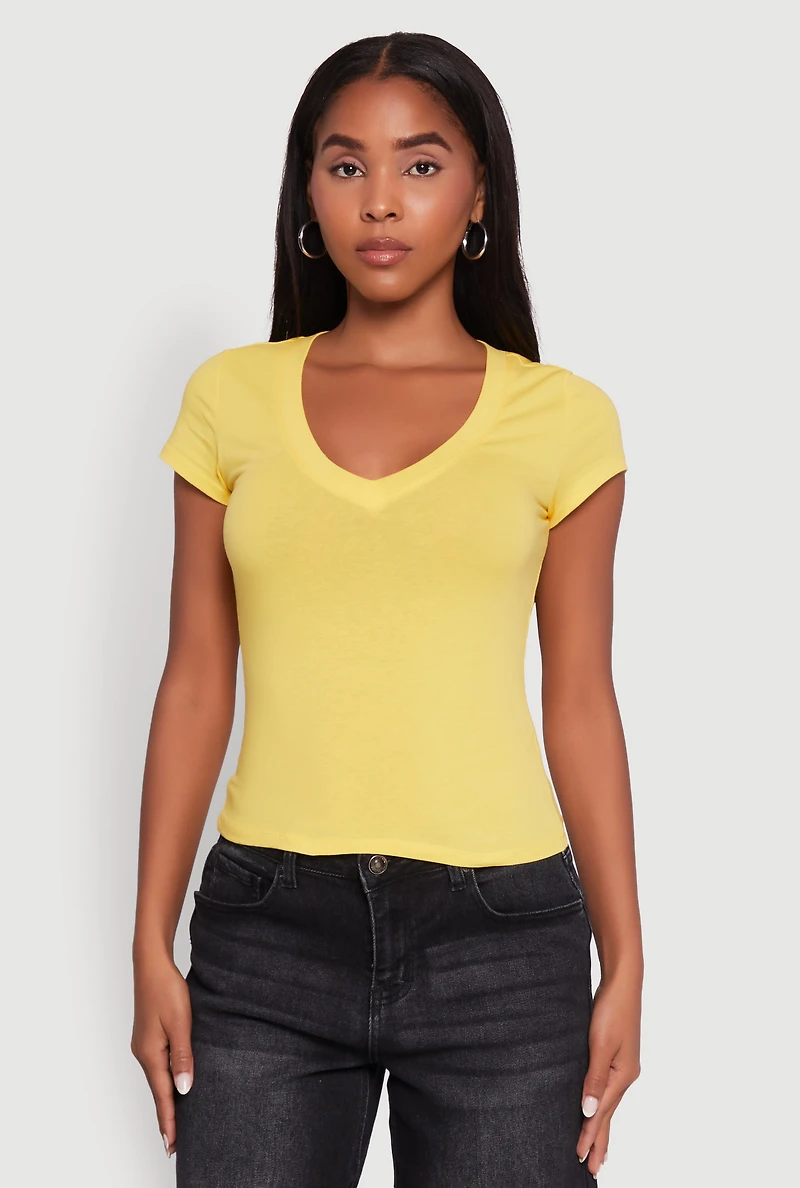 Womens V Neck Short Sleeve Basic Tee, Yellow, Size M