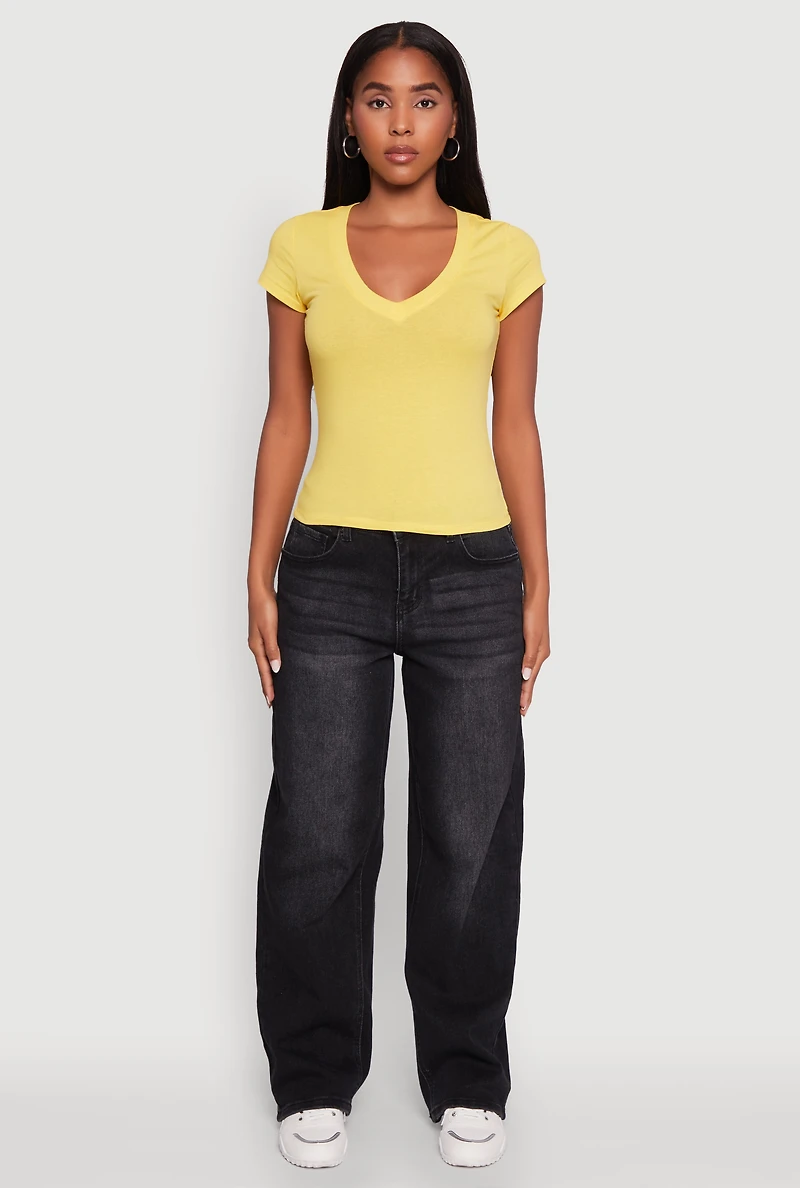 Womens V Neck Short Sleeve Basic Tee, Yellow, Size M