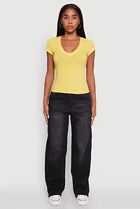 Womens V Neck Short Sleeve Basic Tee, Yellow, Size M
