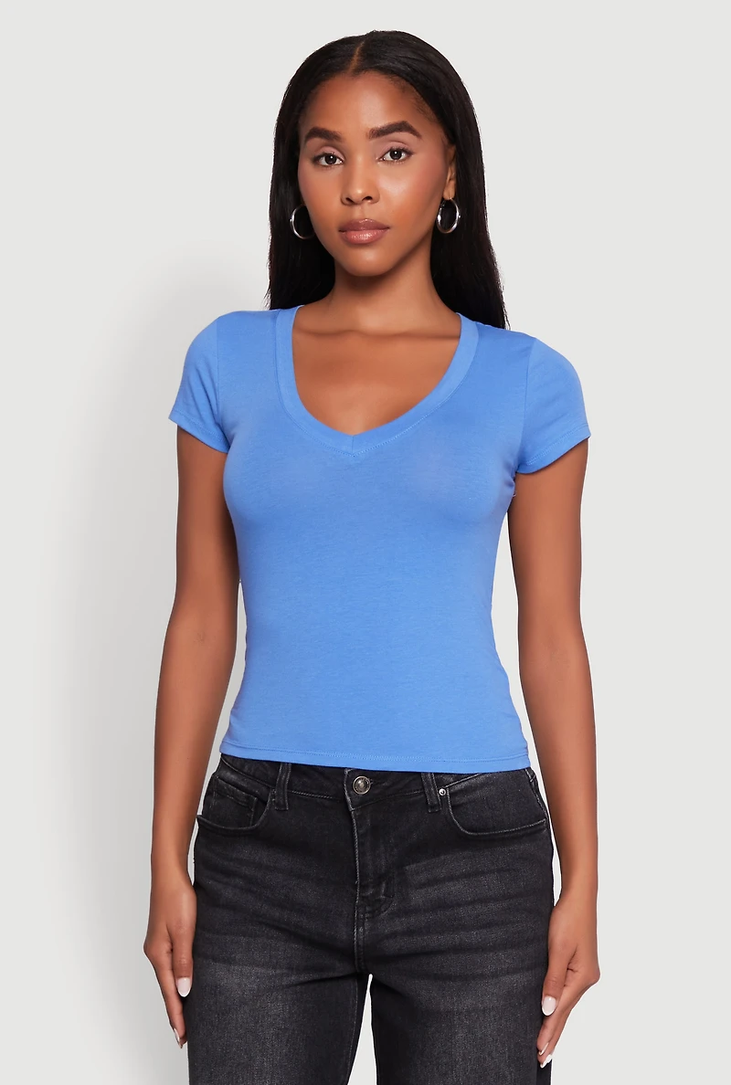 Womens V Neck Short Sleeve Basic Tee,