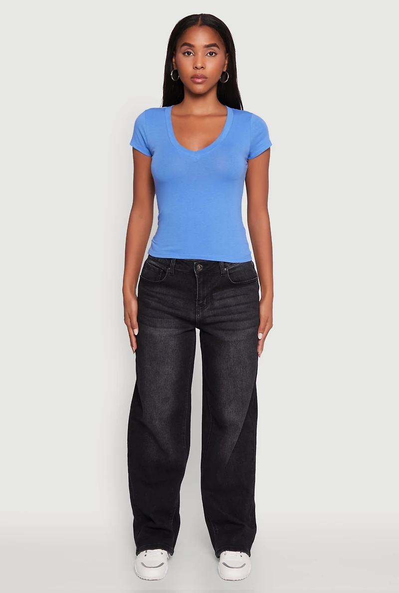 Womens V Neck Short Sleeve Basic Tee,
