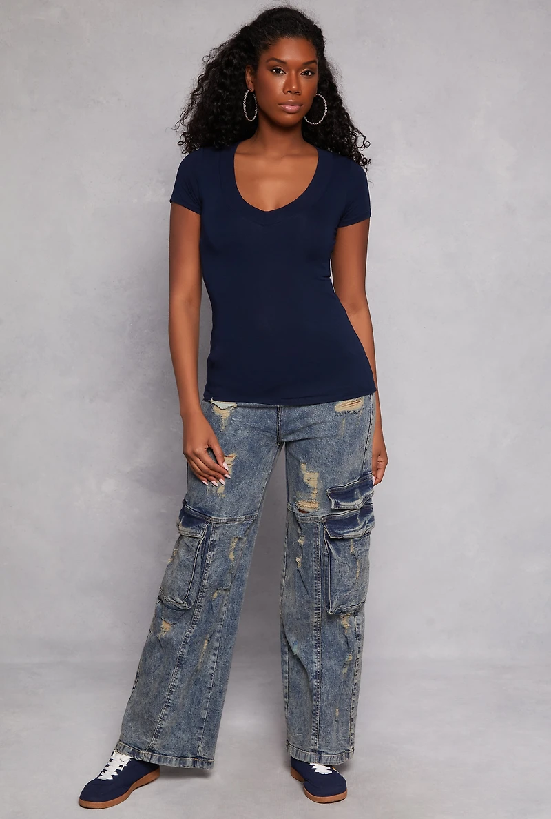 Womens Short Sleeve V Neck T Shirt, S