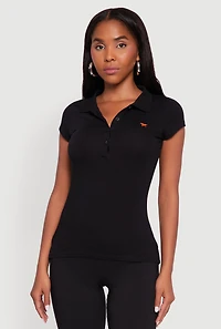 Womens Embroidered Button Front Polo Shirt,