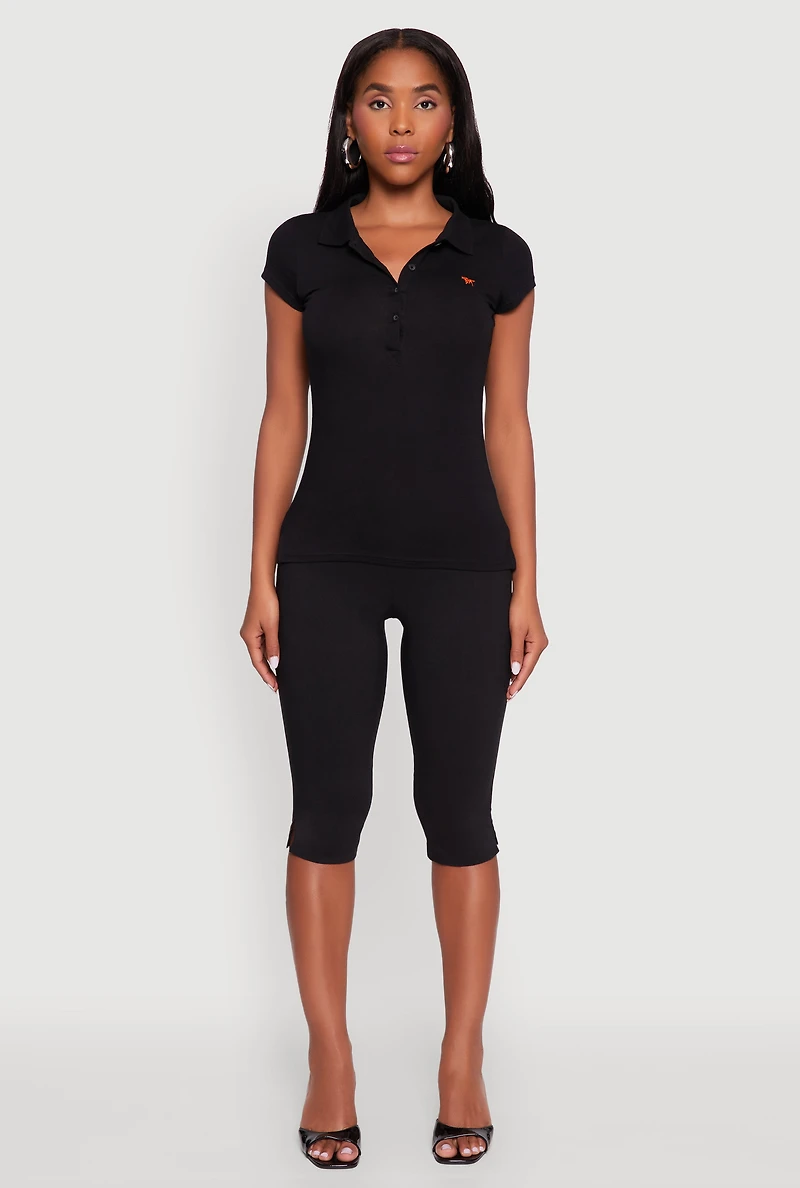 Embroidered Button Front Polo Shirt