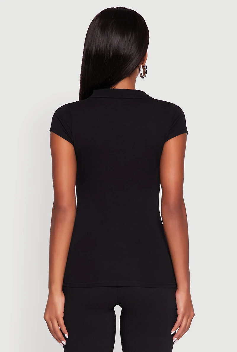 Womens Embroidered Button Front Polo Shirt, Black, Size S