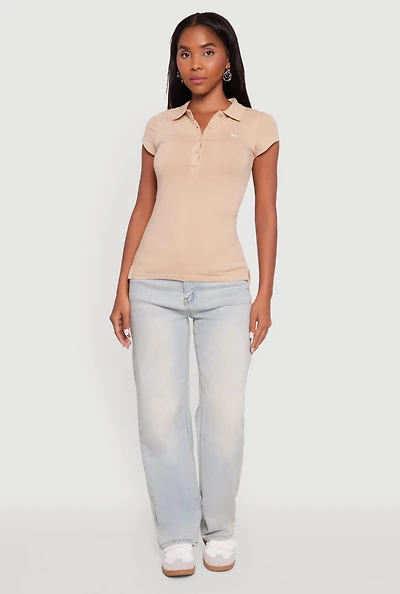 Womens Embroidered Button Front Polo Shirt,