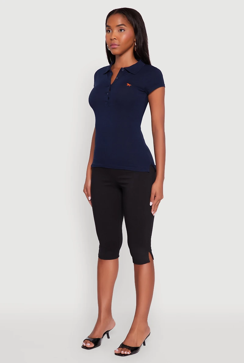 Embroidered Button Front Polo Shirt