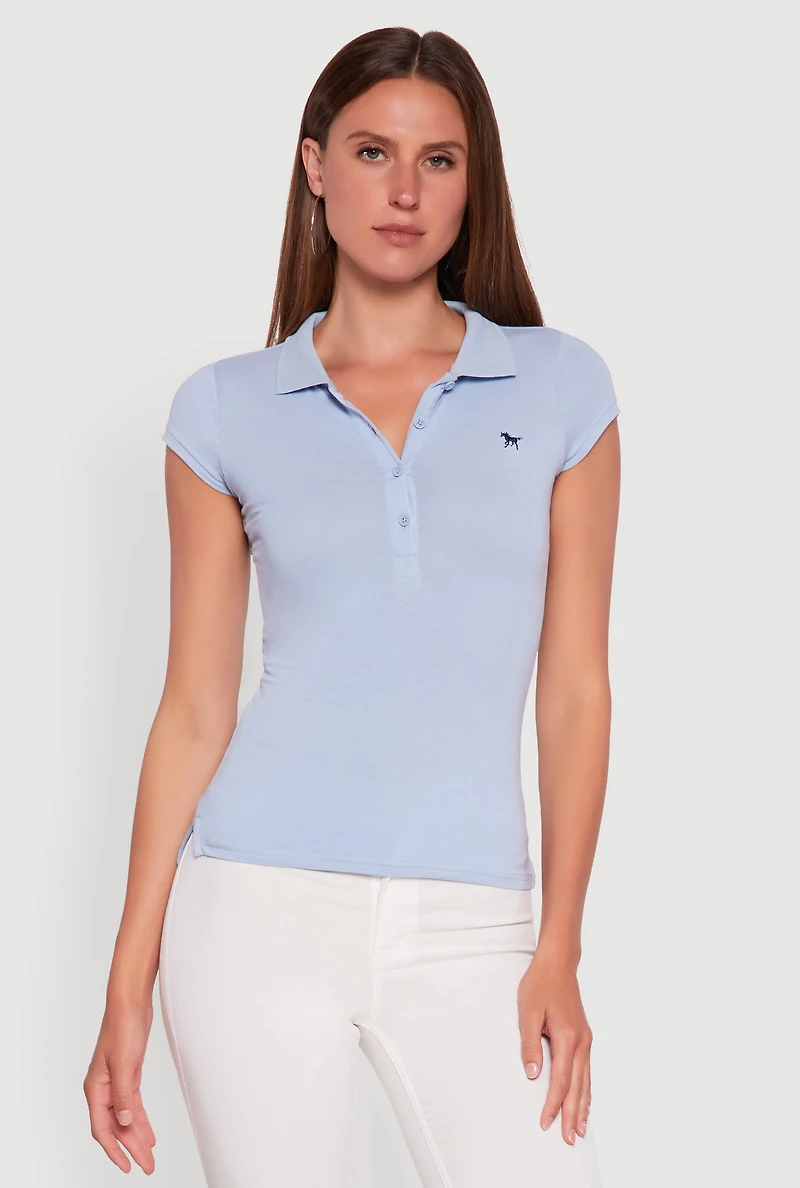 Womens Embroidered Button Front Polo Shirt, Blue, Size M