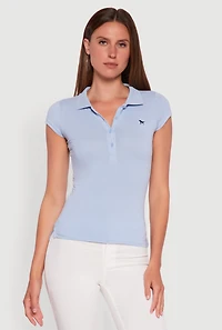 Womens Embroidered Button Front Polo Shirt, Blue, Size M