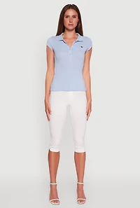 Womens Embroidered Button Front Polo Shirt, Blue, Size M